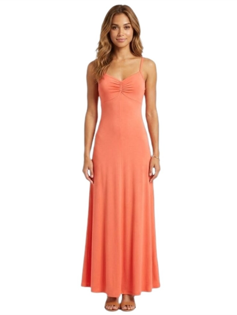 Dress Vintage 70s Soft Shimmer Sleeveless Maxi Orange Size S